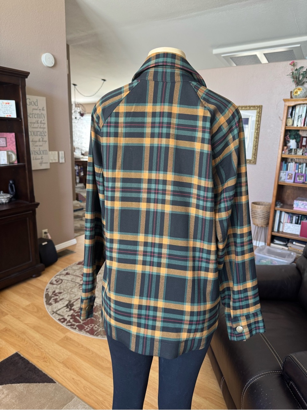 CAbi Plaid Jean Jacket in Green, Yellow, Black & Tan - Picture 9 of 11